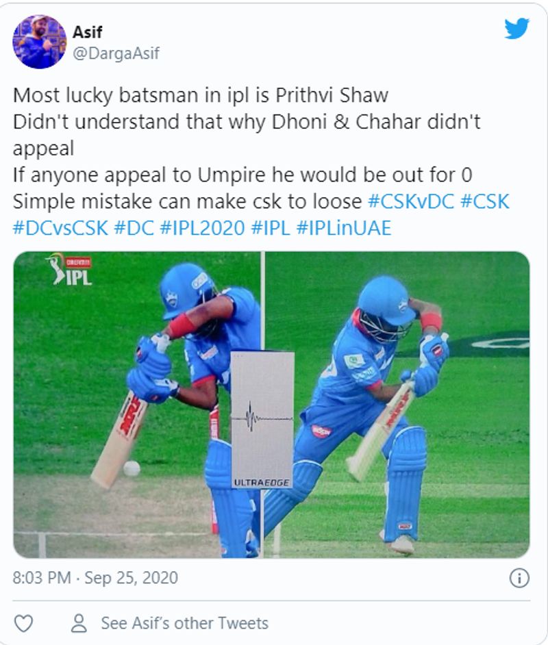 ipl 2020 csk vs dc fans fires ms dhoni for not appealing to take prithvi shaw wicket