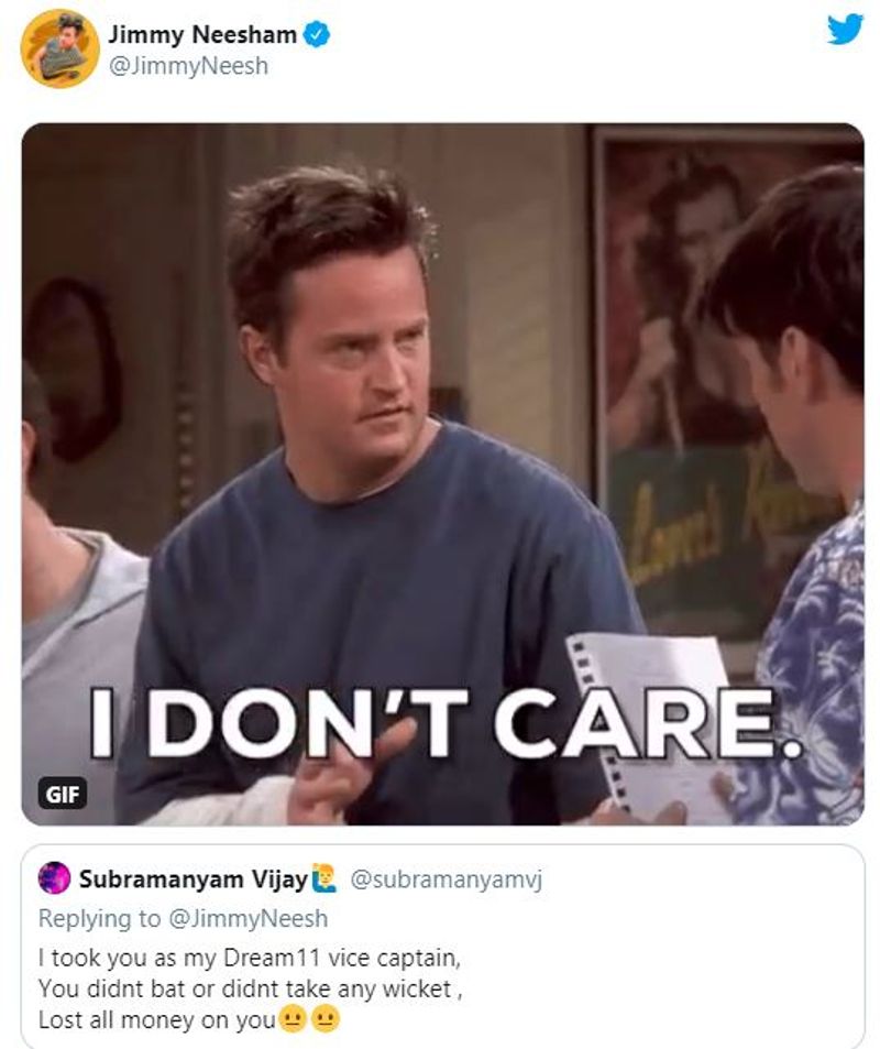 jimmy neesham reply to fan who lost money in dream 11 for selected him as vice captain ipl 2020