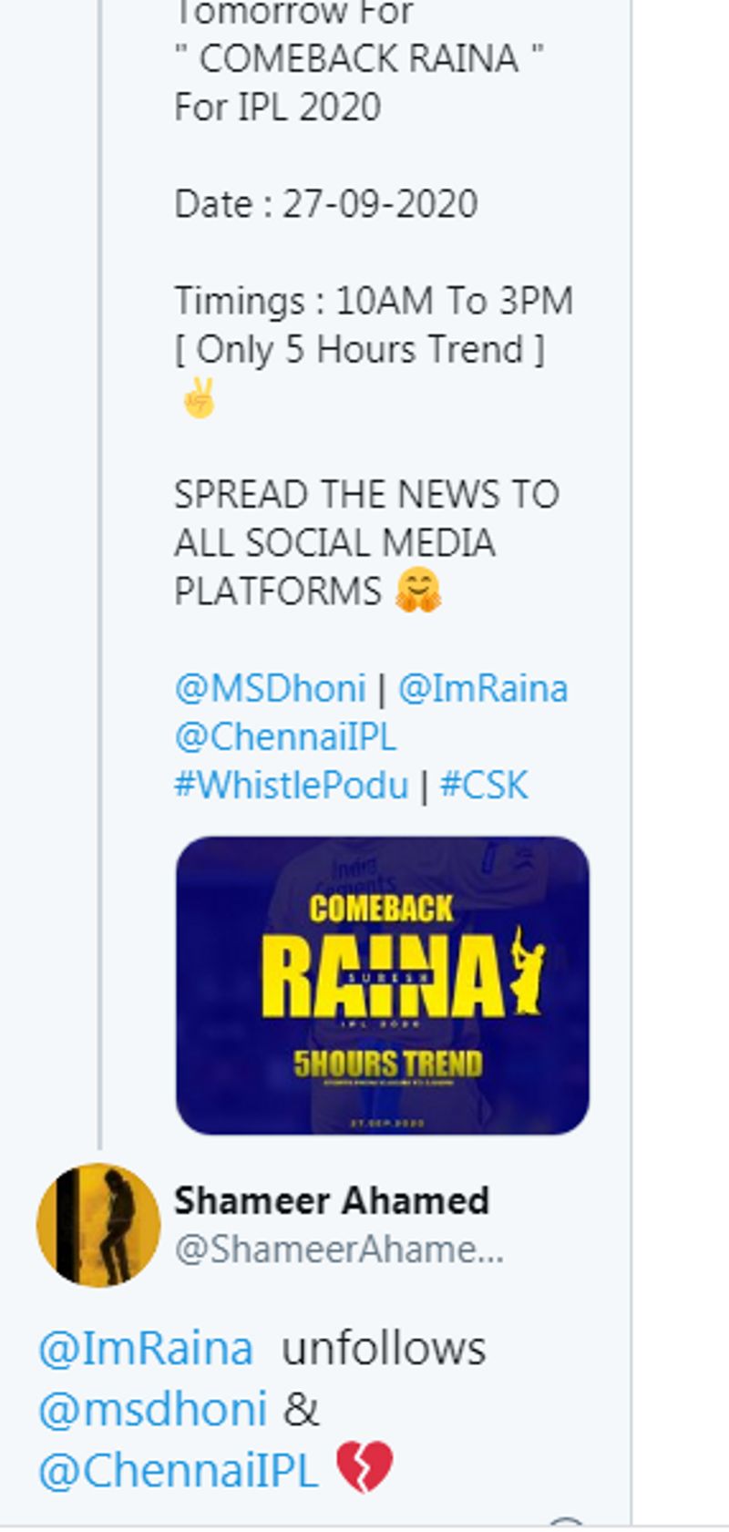 "ரெய்னா தனிப்பட்ட காரணங்களால் விளையாடவில்லை என்பதால் நாங்கள் அவரைப் பற்றி யோசிக்க முடியாது, அவருடைய முடிவையும் அவரது இடத்தையும் நாங்கள் மதிக்கிறோம். நாங்கள் அதைப் பற்றி சிந்திக்கவில்லை" என்று சிஎஸ்கே தலைமை நிர்வாக அதிகாரி ANI இடம் கூறினார்
