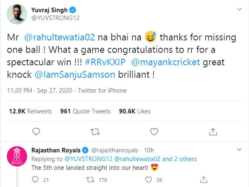 IPL 2020 RR vs KXIP Yuvraj Singh thanks to Rahul Tewatia for miss one ball in Cottrell over