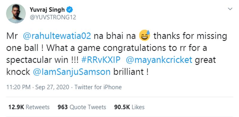IPL 2020 RR vs KXIP Yuvraj Singh thanks to Rahul Tewatia for miss one ball in Cottrell over