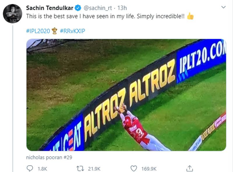 ipl 2020 rr vs kxip sachin tendulkar praises Nicolas Pooran fielding effort in boundary