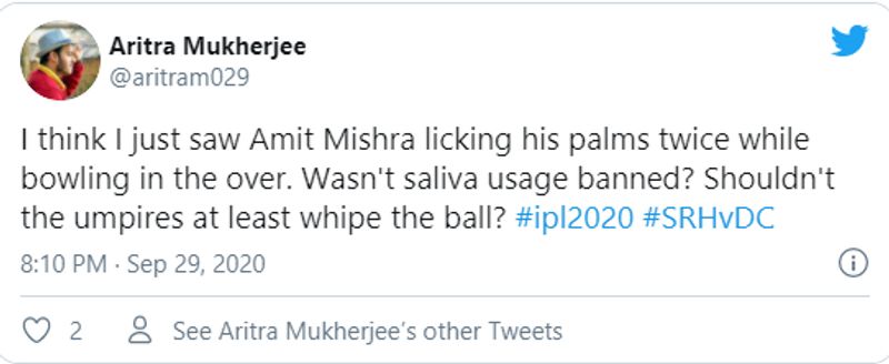 ipl 2020 dc vs srh fans slams amit mishra for using saliva on ball