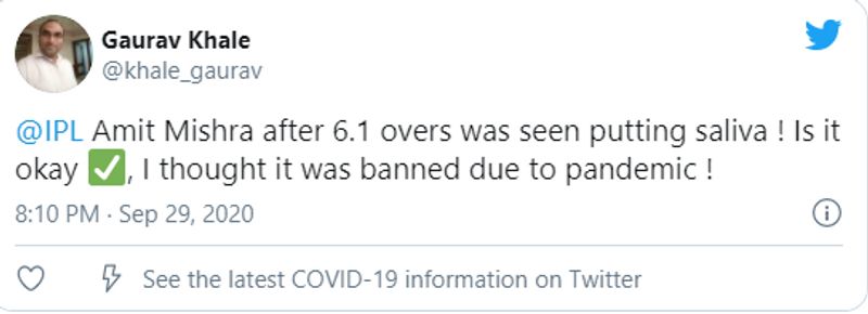 ipl 2020 dc vs srh fans slams amit mishra for using saliva on ball