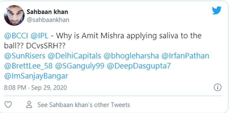 ipl 2020 dc vs srh fans slams amit mishra for using saliva on ball