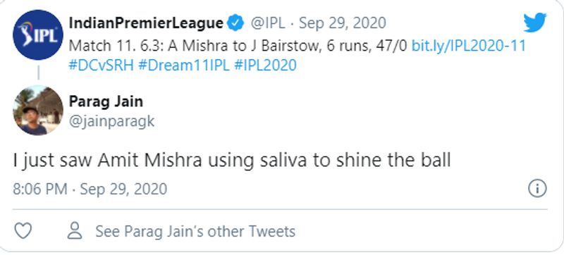 ipl 2020 dc vs srh fans slams amit mishra for using saliva on ball