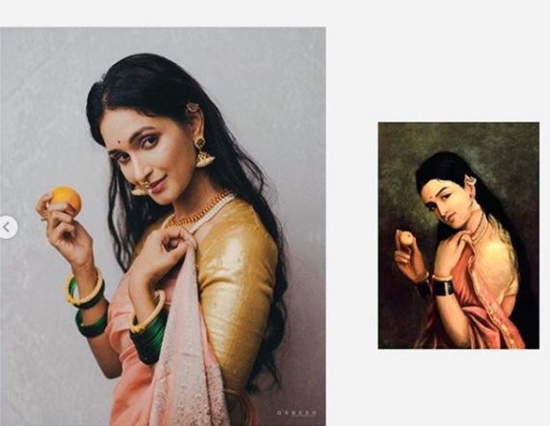 Ravivarma art recreated by Kannada actress amrutha kavya ishani ponamma vcs