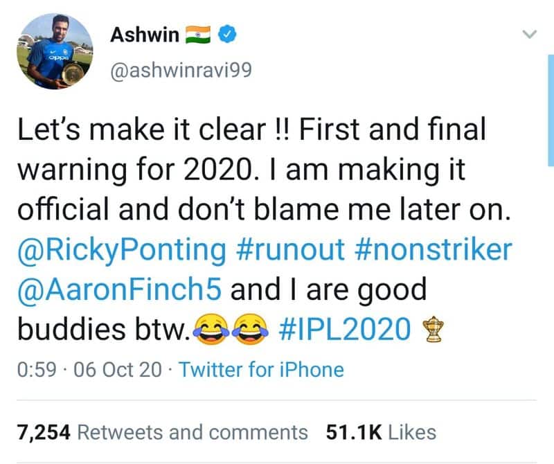 IPL 2020 Ashwin gives first and final warning of 2020