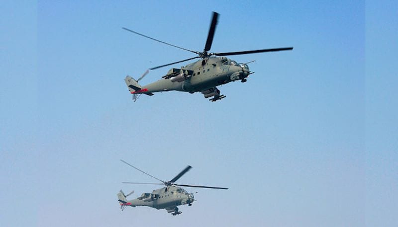 MI-25MI-35Twin engine turboshaft, assault and anti armour helicopter capable of carrying 8 men assault squad with four barrel 12.7 mm rotary gun in nose barbette and upto 1500 Kg of external ordnance including Scorpion anti-tank missiles. It has a max cruise speed of 310 kmhr.