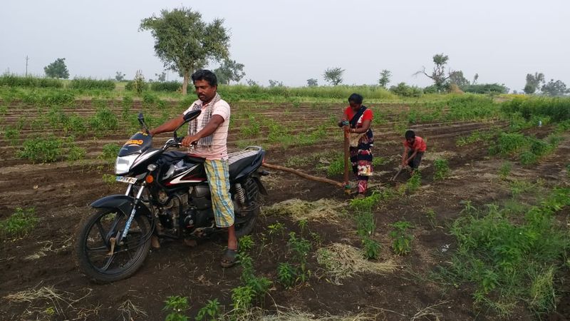 Farmer Sowing by Bike due to Lack of Labors in Ron in Gadag Districtgrg