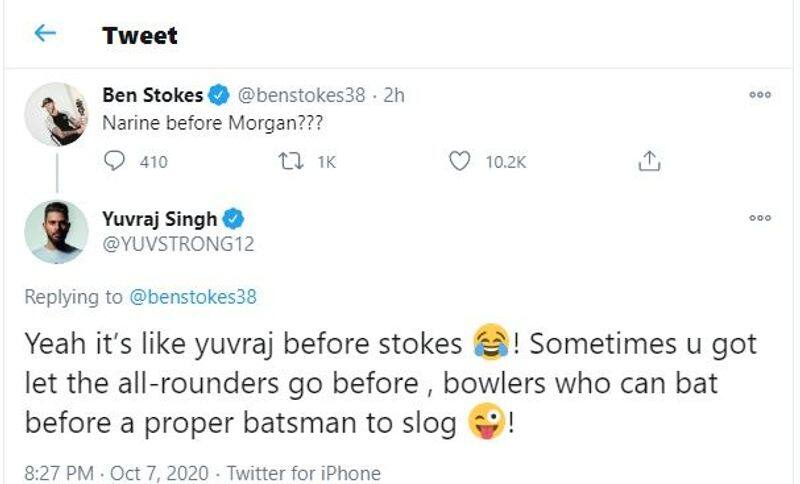 IPL 2020 Yuvraj Singh roasts Ben Stokes for questioning narine premotion over  morgan