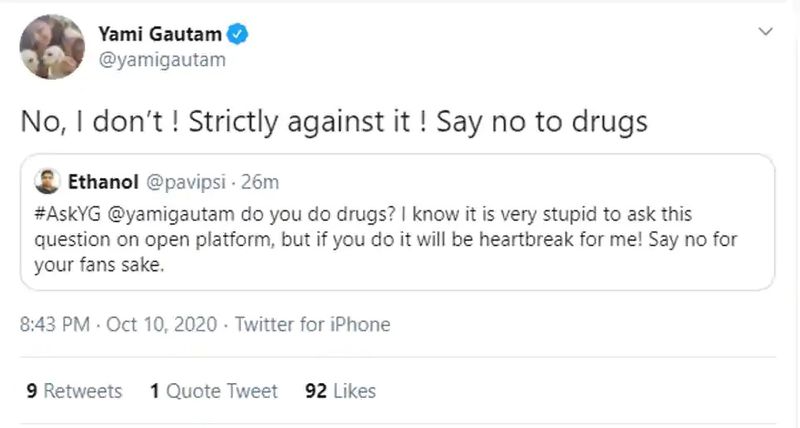 Fan asks Yami Gautam do you do drugs? See her response dpl