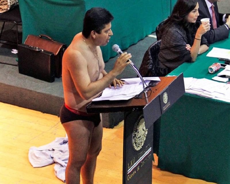 Mexican Congressman Antonio Garcia Conejo strips to protest energy privatisation bill dpl