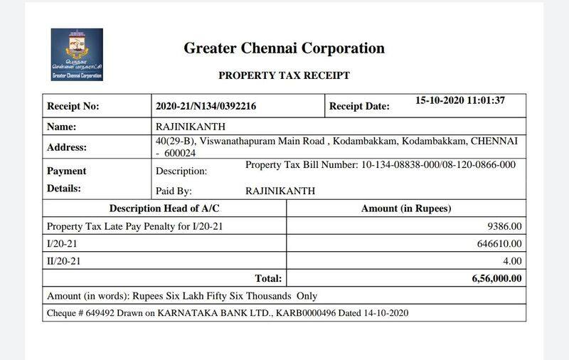 Super Star Rajinikanth Paid is Asset Tax to Chennai Corporation
