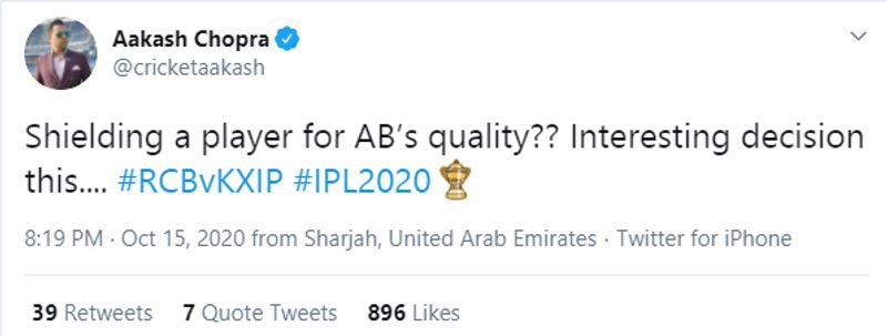 IPL 2020 RCB vs KXIP Cricket fraternity fires rcb on AB de Villiers batting order