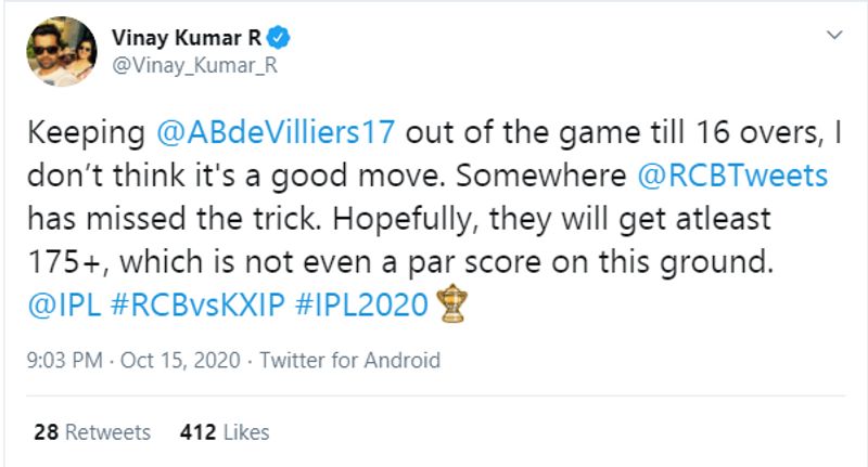 IPL 2020 RCB vs KXIP Cricket fraternity fires rcb on AB de Villiers batting order