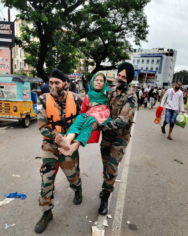 The Bison Division of the Indian Army rescuing stranded citizens in Hyderabad.