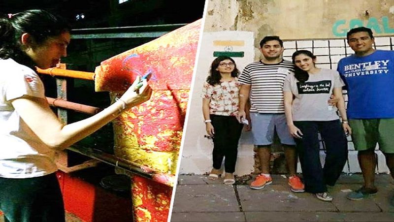 मुंबई के एक स्टेशन पर पेंटिंग करती हुईं श्लोका मेहता, वहीं दूसरी तस्वीर में उनके साथ आकाश अंबानी भी नजर आ रहे हैं। 