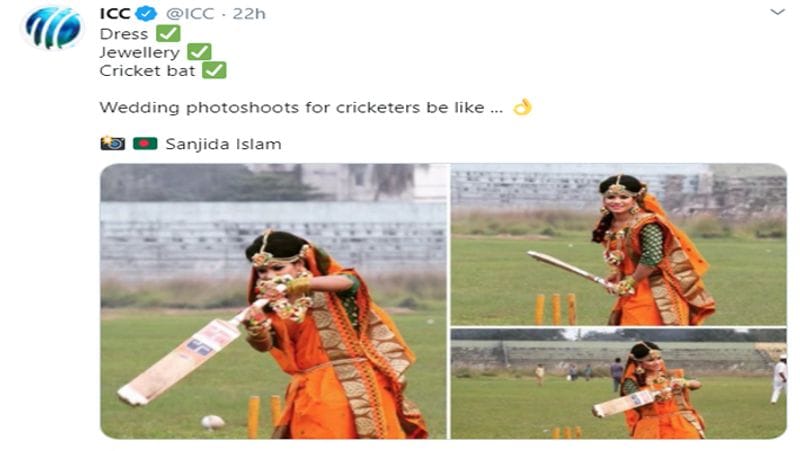 इंटरनेशनल क्रिकेट काउंसिल (ICC) ने भी संजीदा के इस खास फोटोशूट की तस्वीरें शेयर की हैं। ICC ने लिखा है, 'ड्रेस, जूलरी और क्रिकेटर्स का बैट। इनका वेडिंग फोटोशूट कुछ ऐसे होते हैं।'