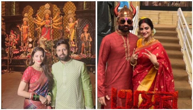 Trinamool Congress MP Nusrat Jahan seen immersed in Durga Puja
