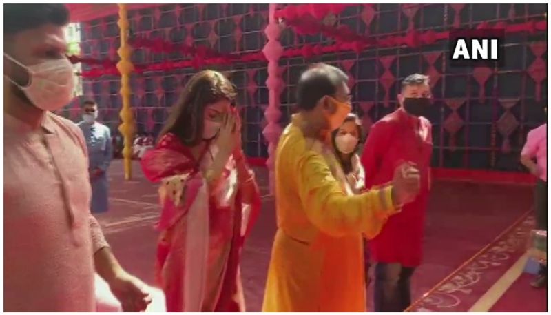 Trinamool Congress MP Nusrat Jahan seen immersed in Durga Puja