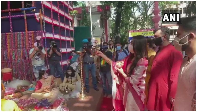 Trinamool Congress MP Nusrat Jahan seen immersed in Durga Puja