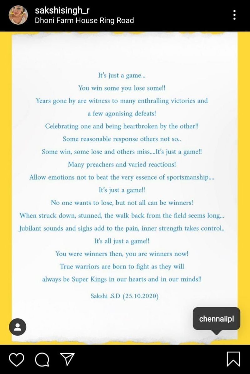IPL 2020: 'It's just a game,' read Sakshi Dhoni's touchy poem as CSK fails to qualify for the playoffs-shl