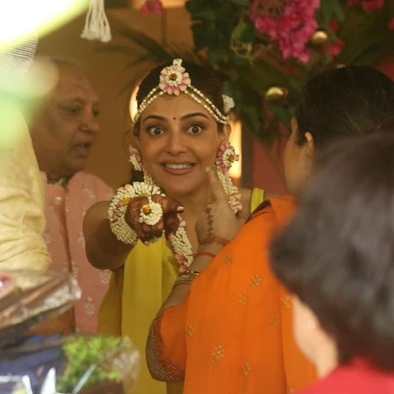 kajal agarwal in her pasupu function photos viral arj