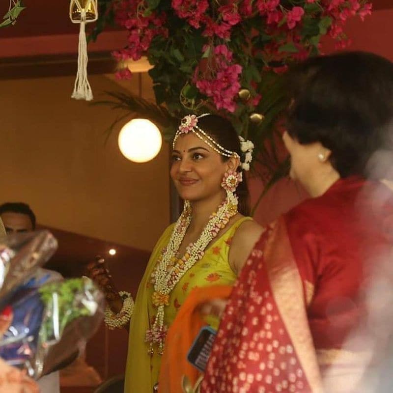 kajal agarwal in her pasupu function photos viral arj