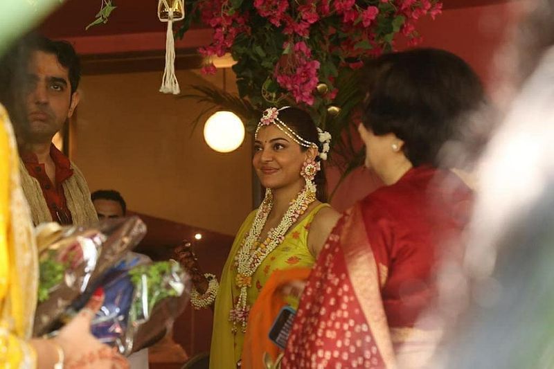 kajal agarwal in her pasupu function photos viral arj