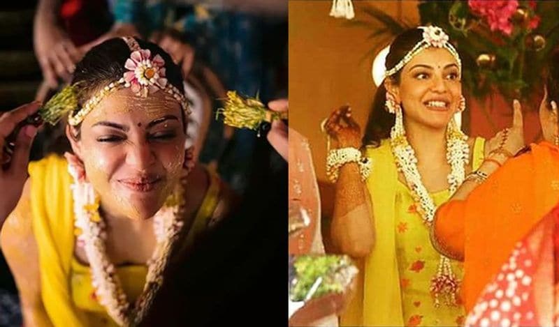 इंस्टाग्राम पर काजल ने अपनी मेहंदी सेरेमनी की फोटो शेयर की, जिसमें वो गौतम के नाम की मेहंदी बेहद खुश नजर आ रही है। इस फोटो में काजल लाइट ग्रीन कलर का सूट पहने हुए हैं जिसके साथ उन्होंने हैवी ईयररिंग्स कैरी किए हैं। काजल की इस फोटो पर कमेंट करते हुए उनकी बहन निशा अग्रवाल ने कहा- मैं सदके जावा।
