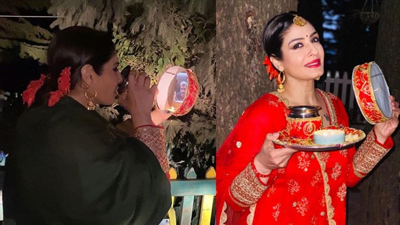 रवीना ने पति का चेहरा देख अपने ही हाथों में पानी पीकर व्रत खोला।