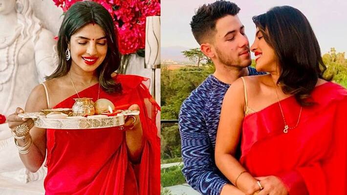 priyanka chopra celebrates karva chauth with husband nick jonas bollywood actress look beautifull in red saree KPJ priyanka chopra celebrates karva chauth with husband nick jonas bollywood actress look beautifull in red saree KPJ