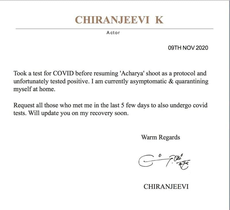 Telugu megastar Chiranjeevi Tested Covid positive