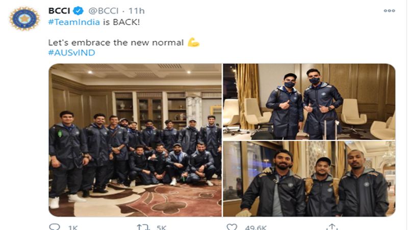 इंडियन टीम के सिडनी रवाना होने से पहले बीसीसीआई ने अपने ट्विटर हैंडल पर खिलाड़ियों की कुछ तस्वीरें शेयर की और लिखा कि, 'भारतीय टीम की वापसी। चलो नए तौर तरीकों को अपनाएं'।