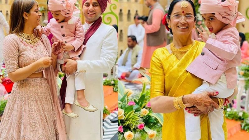 शादी के दौरान कंगना की बड़ी बहन रंगोली, जीजा और भांजा पृथ्वी। दूसरी ओर कंगना की मां के साथ नाती।