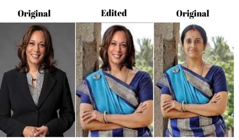 कमला हैरिस तस्वीर को कुछ इस तरह एडिट कर साड़ी पहना दी गई। लोग भी समझ नहीं पाए और भारतीय कल्चर से जोड़कर इस तस्वीर को शेयर करने लगे जबकि असलियत में ऐसा कुछ भी नहीं है।
