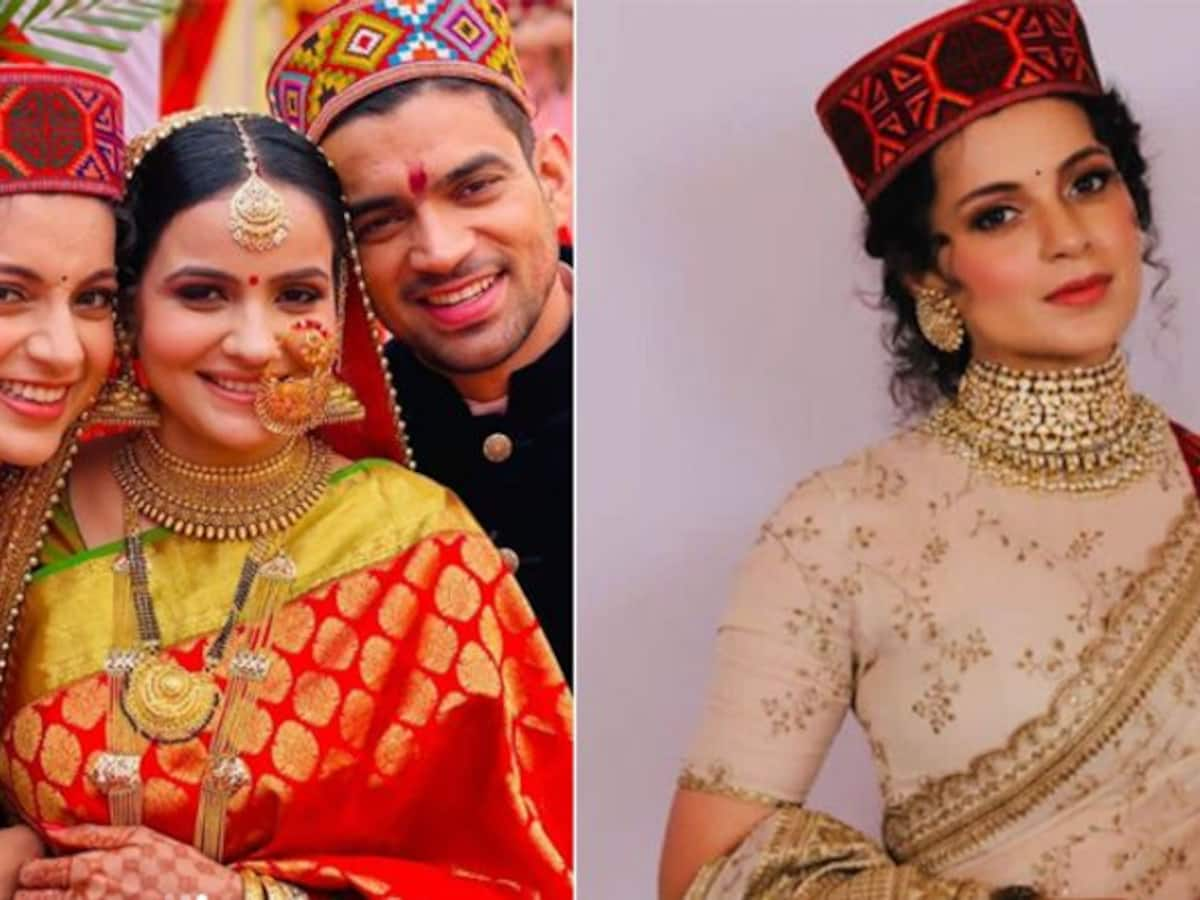 भ ई क र स प शन पर पह ड ड र स म नजर आई क गन नई नव ल भ भ क स थ य ख चव ई Photo Kangana Ranaut Wears Traditional Pahadi Dress For Her Brother Akshat Reception Kpg