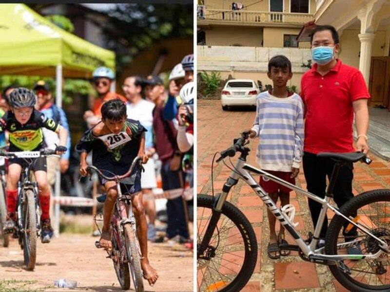 cambodian boy races barefoot with a broken bicycle makes netizens shower sponsorship