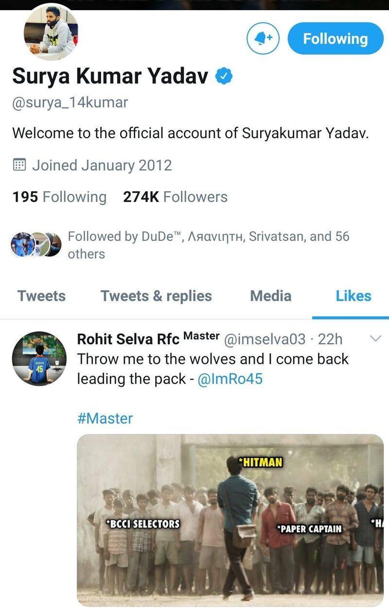 Suryakumar Yadav Likes Tweet Calling Virat Kohli Paper Captain