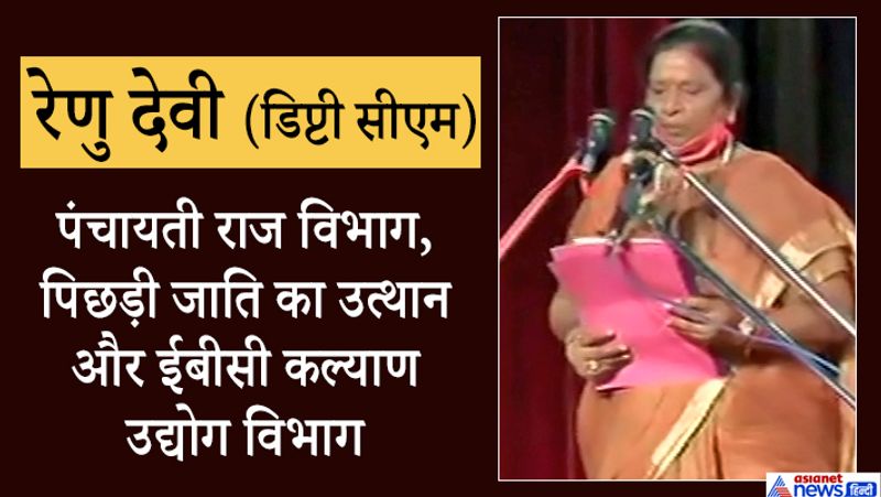 12वीं पास डिप्टी सीएम रेणु देवी को पंचायती राज विभाग का जिम्मा सौंपा गया है। इसके अतिरिक्त उन्हें पिछड़ी जाति का उत्थान और ईबीसी कल्याण उद्योग विभाग की भी जिम्मेदारी है। वो इस बार बेतिया से पांचवीं बार विधायक बनी हैं। चुनाव के पहले तक भाजपा की राष्ट्रीय उपाध्यक्ष थी। बताते चले की रेणु देवी बिहार सरकार में पहली महिला डिप्टी सीएम बनी हैं।
