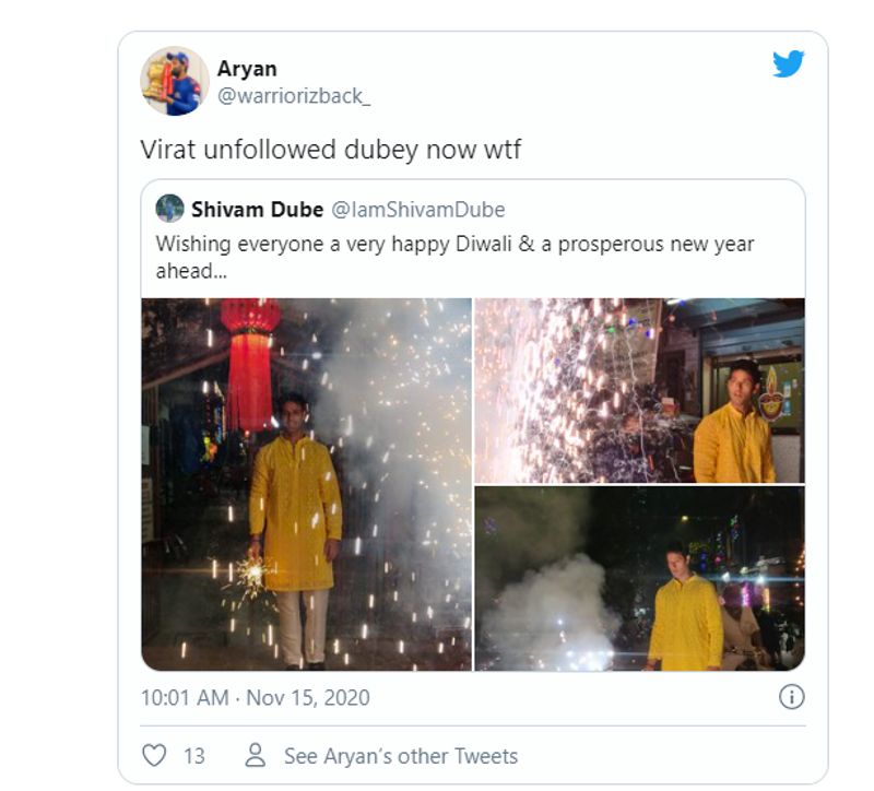 Fans react trolls Shivam Dube burst crackers despite Virat Kohlis message