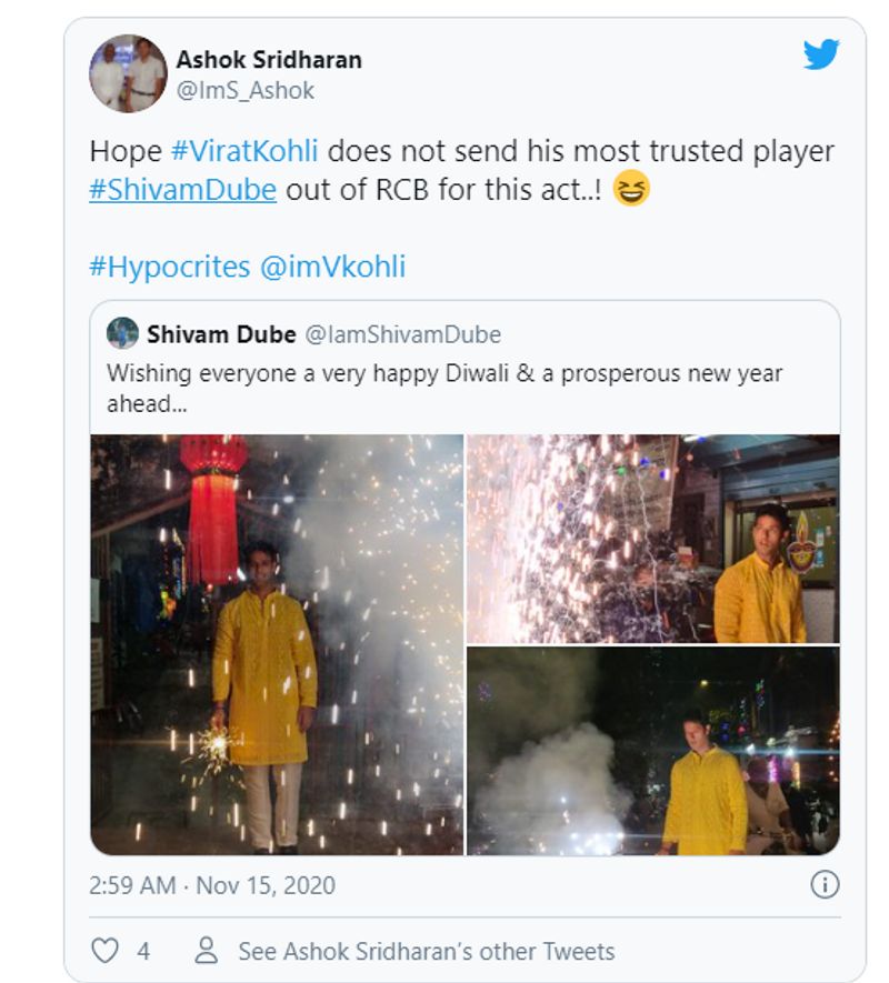 Fans react trolls Shivam Dube burst crackers despite Virat Kohlis message