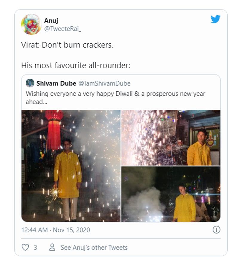 Fans react trolls Shivam Dube burst crackers despite Virat Kohlis message
