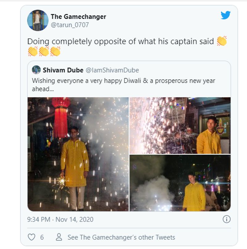 Fans react trolls Shivam Dube burst crackers despite Virat Kohlis message