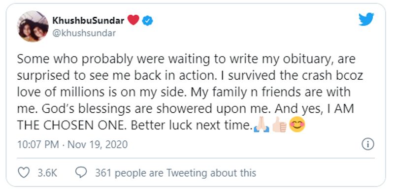 khushbu sundar slams man who claimed she faked car crash