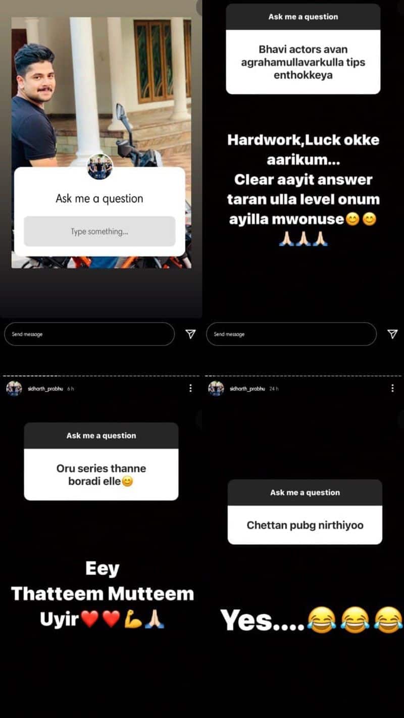 thatteem mutteem fame actor sidharth prabhu doing question answer game in instagram