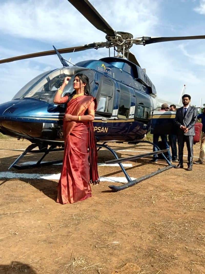 bride arrived in helicopter to attend the wedding at Wayanad Pulpally