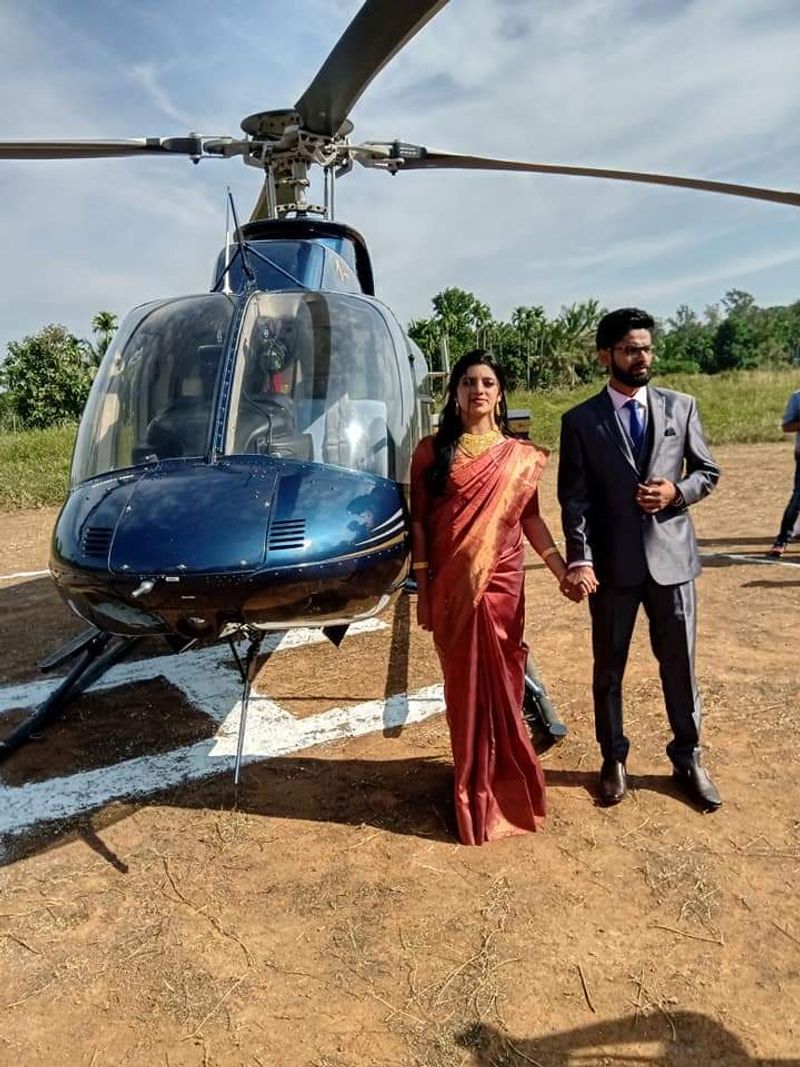bride arrived in helicopter to attend the wedding at Wayanad Pulpally