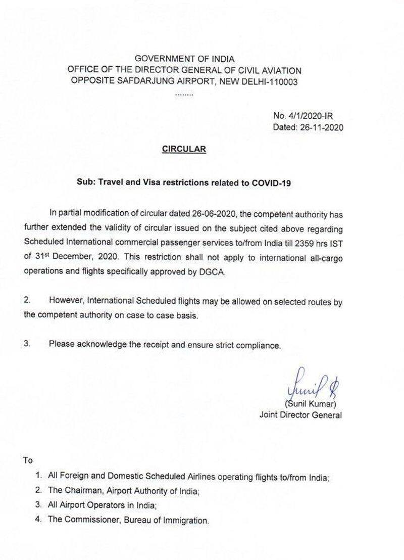 New order passed by Govt of India international flight ban has been extended till 31 December ckm